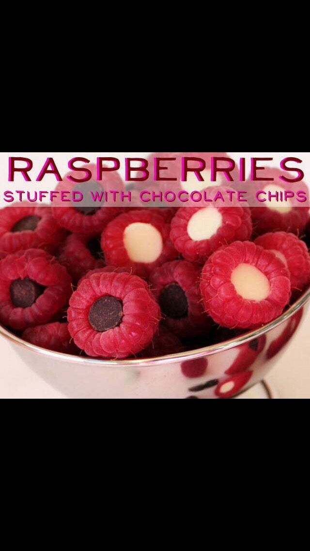 This is really simple.  All you have to do is stuff a chocolate chip in the hole of a raspberry.
