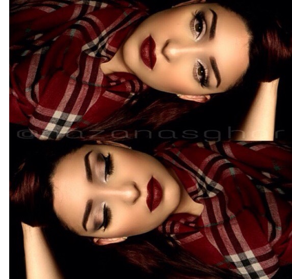 11. Neutral eyeshadow, bold brows, brick red lip. 