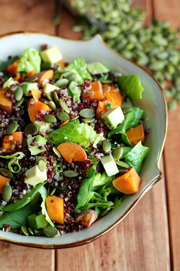Warm Sweet Potato & Quinoa Salad With Spicy Peanut Sauce
