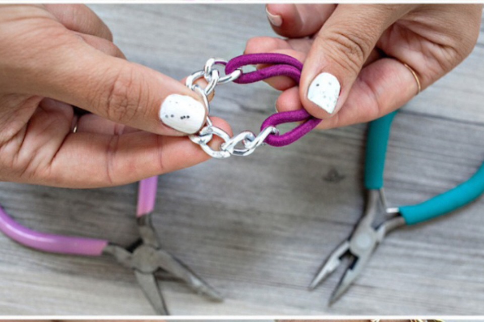 Using a small piece of chain open the 1st and last link. Connect your hair tie and close link. Fold hair tie in half and wear around your wrist !!! Super cute & easy !!!