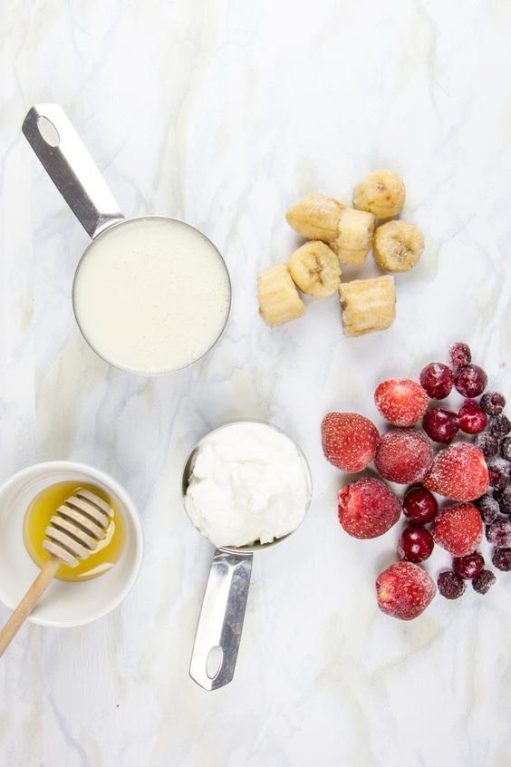 To make it, blend together:
	•	1 frozen banana
	•	1 cup frozen mixed berries
	•	1 cup unsweetened milk (nut, soy, animal)
	•	1/2 cup plain Greek yogurt
	•	Honey or maple syrup, to taste
