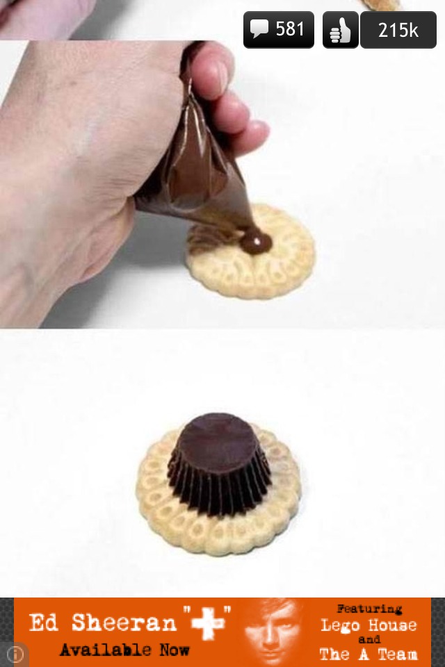 Next, put the icing on the center of the cookie and take a Reese's cup upside down and put it on the cookie.
