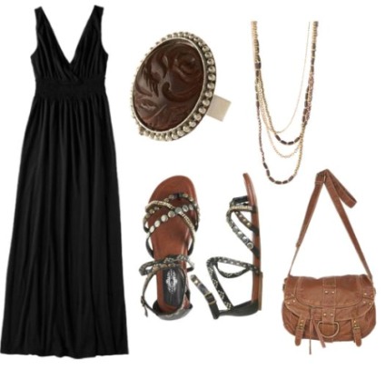 Black maxi dress, black oval ring, criss cross nature sandals, brown cross body purse,long chain necklace