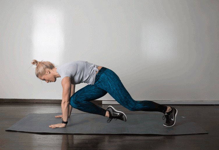 6. Cross Body Climber 

From a high plank position with your body straight, hips level, and core braced, lift right leg and draw right knee toward left elbow. As you return right leg to plank, lift left leg and draw left knee toward right elbow. Continue to alternate.