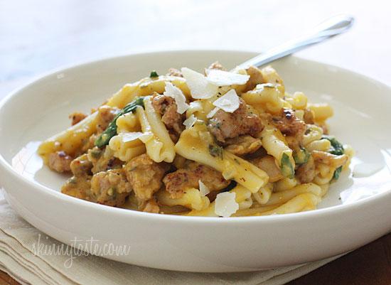 Pasta With Spicy Sausage, Baby Spinach And Creamy Butternut Sauce 
