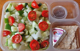 salad (lettuce, cucumber, onion), Wasa crisp, Laughing Cow Light cheese spread, balsamic vingerette
