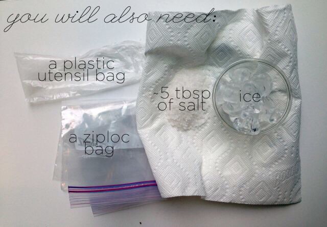 You will also need one big plastic zip bag.
One small plastic zip back.
Ice.
Tablespoon of salt.