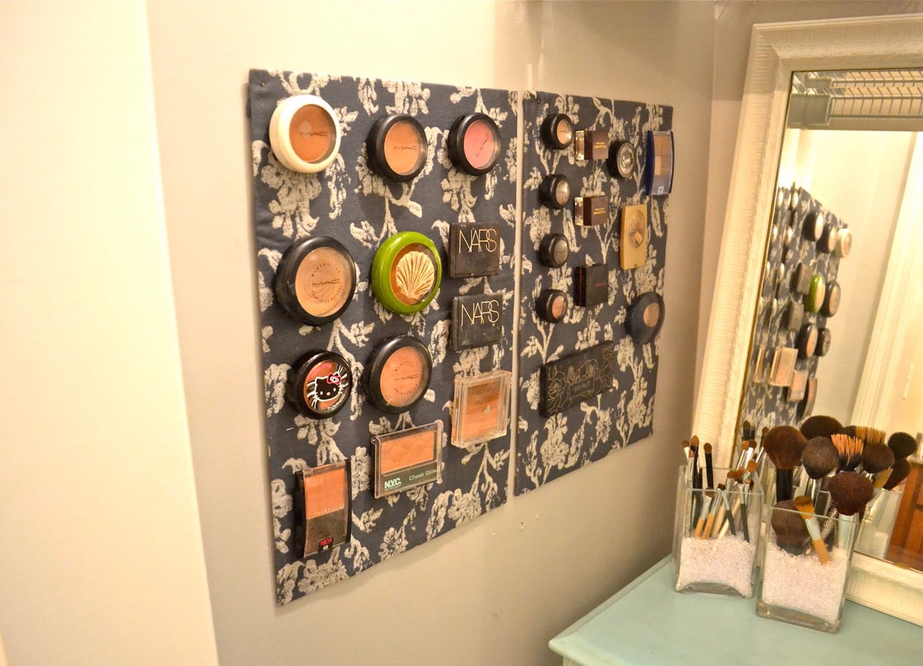 Put your makeup on a magnetic board your makeup stays organized
