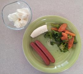 Day 2 Dinner:
(2) hot dogs "WITHOUT the buns"
(350 calories)
(1) cup of broccoli (54 calories)
(1/2) cup carrots (41 calories)
(1/2) banana (53 calories)
(1/2) cup of vanilla ice cream
(144 calories)