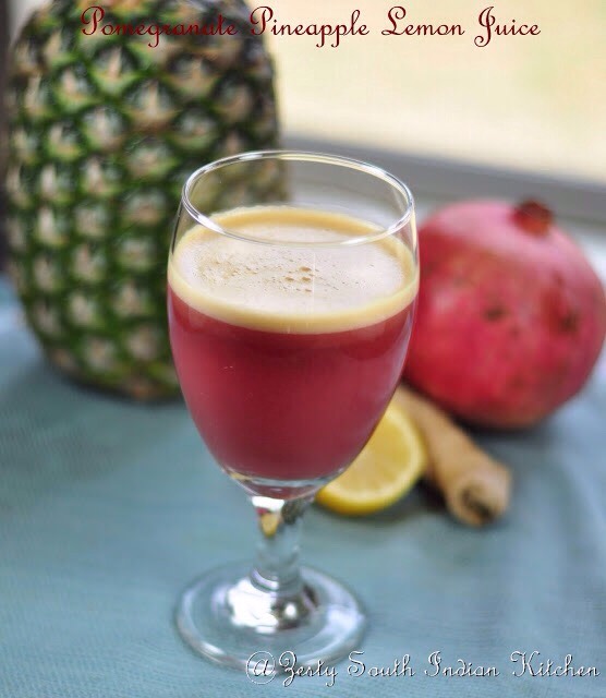 Pomegranate Pineapple Lemon
Ingredients:
1 cup Chopped Pineapple
1/2 cup Pomegranate juice ( I used Pom)
1 ½ cup Water
Juice of 1/2 lemon
1 inch piece of Ginger
How I made :
In a blender combine everything except pomegranate juice and blend together to form a smooth consistency and strain