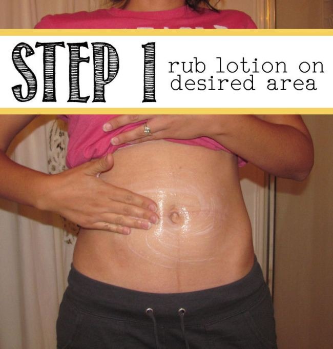It’s a simple process!

Step 1 – Apply a thick layer of lotion to the area you want to target. {Don’t rub it in completely!} You can do it on your stomach, your thighs, your upper arms, wherever your “trouble spots” are.