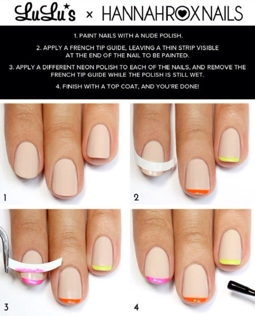 10. Nude + Neon French Tips
A minimalist look that works for all seasons — depending on the color combo you choose for the tips. 