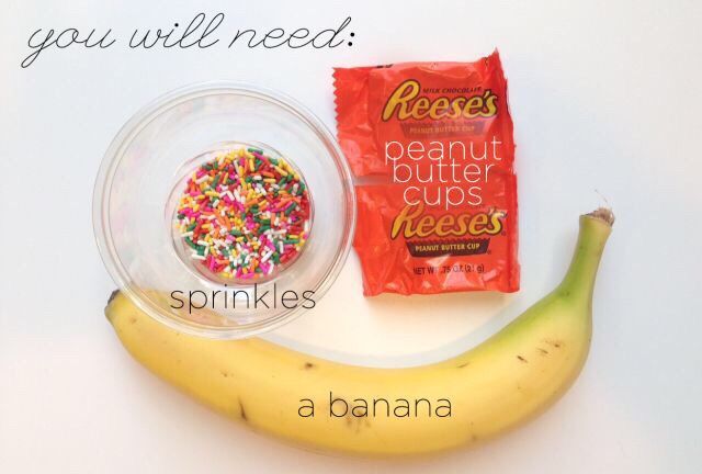 To make these lovely little banana snacks for your sweet tooth you'll need a banana, some sprinkles, and two recess peanut butter cups.