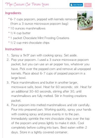 Mint Chocolate Chip Popcorn Treats!!!(: Tastes AMAZING!!!!!(: 
