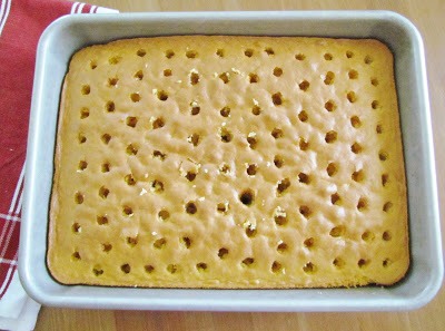 You want the holes to be fairly big so that the pudding has plenty of room to get down  in there. Be sure to poke right down to the bottom of the cake.