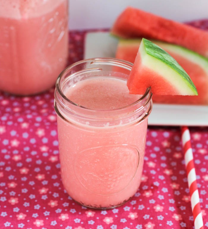 Watermelon smoothie 

Ingredients:
2 cups ice
2 cups chopped watermelon
1/4 cup fat free milk
 
Blend the milk and watermelon for 15 seconds, then add ice and blend for 20 seconds
