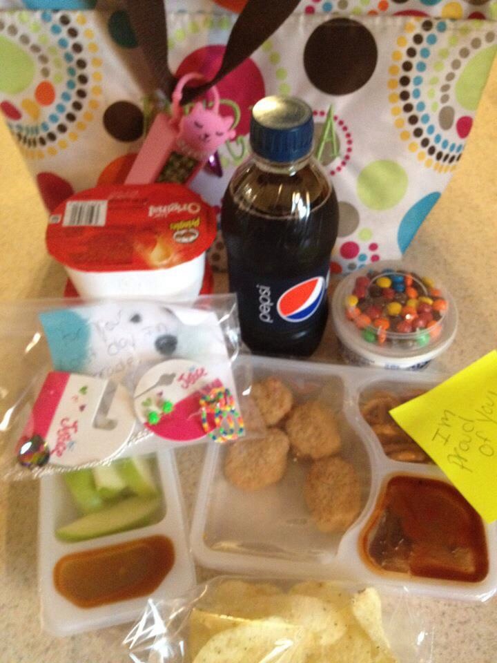 Like pop, candy, gifts and a note   It's fun on  both ends :)