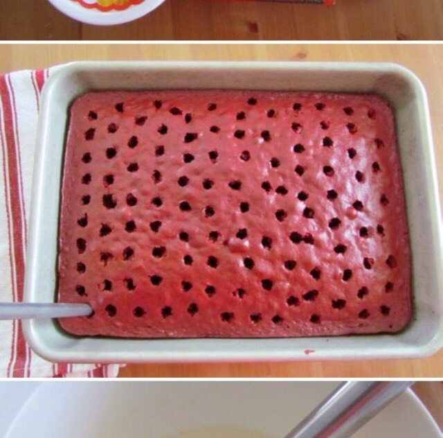 Poke holes into the cake using skewers