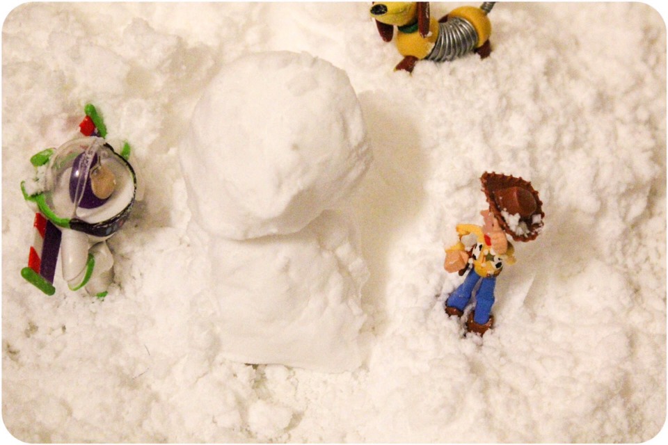 You can use action figured and anything your child likes to make snow scenes from the snow you made!
