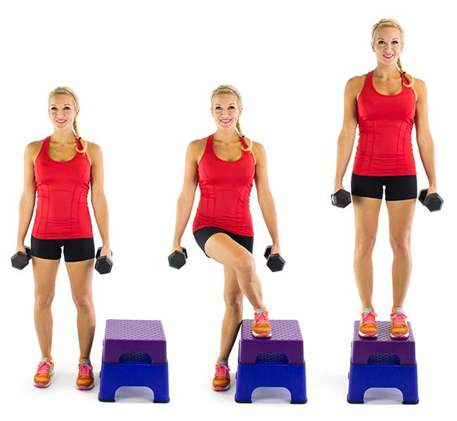Crossover Step Up: Grab your dumbbells and get to work! Repeat the move as many times as you can for 30 seconds and then switch, so you’re stepping up and crossing over with your other leg for another 30 seconds.