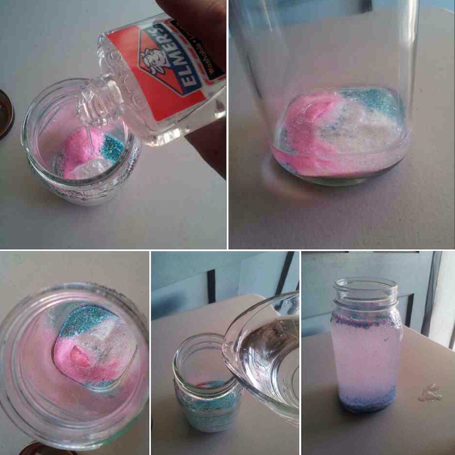 Step 5, 6 & 7: Pour glue [ The more glue that you put in the glitter will take longer to fall ] 

Step 8: Pour in hot water, put the lid on and shake vigorously. 

Step 9: Open the jar back up, use a q-tip or napkin to gently soak up the bubbles then close it [ This will help the water be more clear