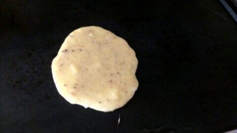 Pre-heat a pan to medium-low heat and add your pancakes in small, flat portions. This is important because if they are too big, you wont be able to flip them