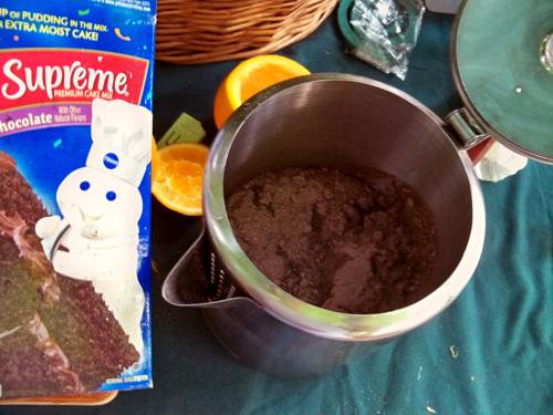 Mix up instant cake mix in your coffee pot. Hah hah. No, only mix it in your coffee pot if you are like me and forget to bring a bowl.