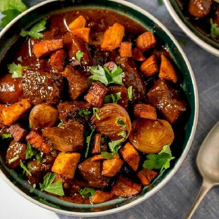 Slow Cooked Beef Stew with Roasted Sweet Potato