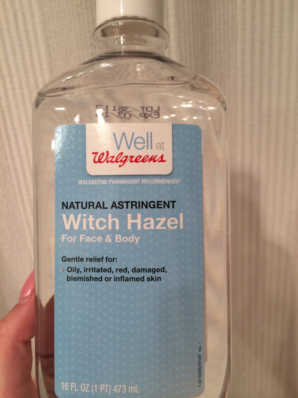 After your face is dry , use a cotton ball or dry washcloth to apply witch hazel . As you can see , I purchased this from walgreens &' paid around $5 for it . It's all natural &' works better than anything I've tried . 