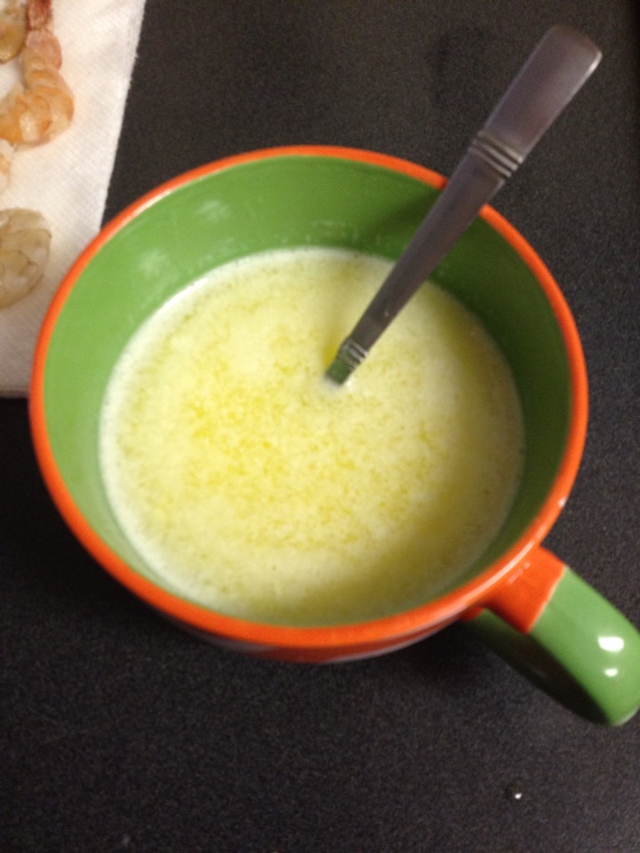 Melt some butter. Amounts vary depending on how much shrimp you have, you can always melt/add more butter
