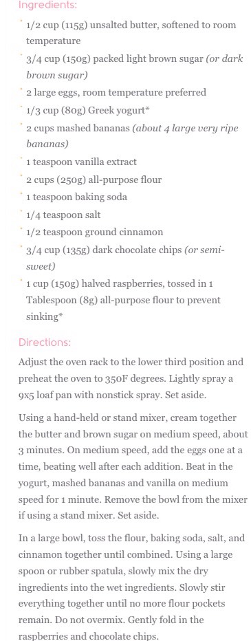 Dark chocolate chip raspberry banana bread 