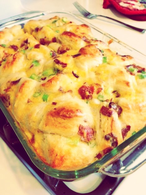 1. Mix your eggs and milk in a large bowl. Cut each biscuit, (scissors) into fours and add to the bowl. I like to do this before I cook the bacon or cut up the scallions- give the biscuits some time to really soak in the eggs. 