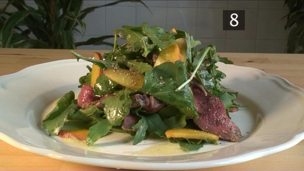 46. Roast Beef Salad: Whisk 2 tablespoons each apple cider vinegar and honey mustard with salt, pepper and 1 cup hazelnut oil. Drizzle over endive, sliced pears and deli roast beef; top with blue cheese and hazelnuts.
