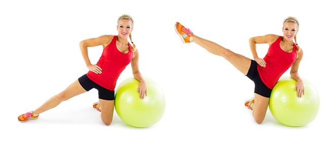 Side Leg Lift on Stability Ball: Singe those saddlebags with this killer move! Do it for 30 seconds on each leg.