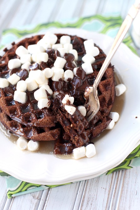 FOR THE HOT CHOCOLATE WAFFLES:
In a large bowl, beat together all ingredients for the waffles until smooth. Add enough milk to make the batter fairly thin, but not super runny. It shouldn't be thick and bloppy. Spoon into a hot waffle iron & bake according to mannufacturer instructions.

