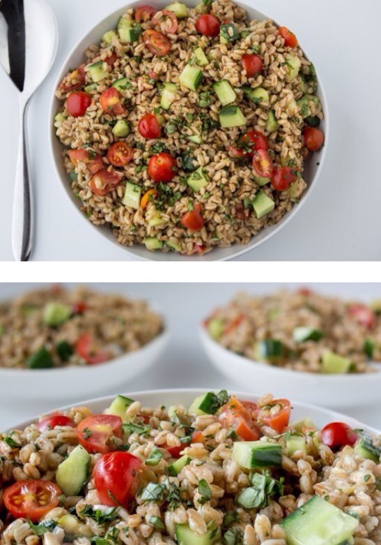 Summer farro salad with tomatoes, cucumber and basil 