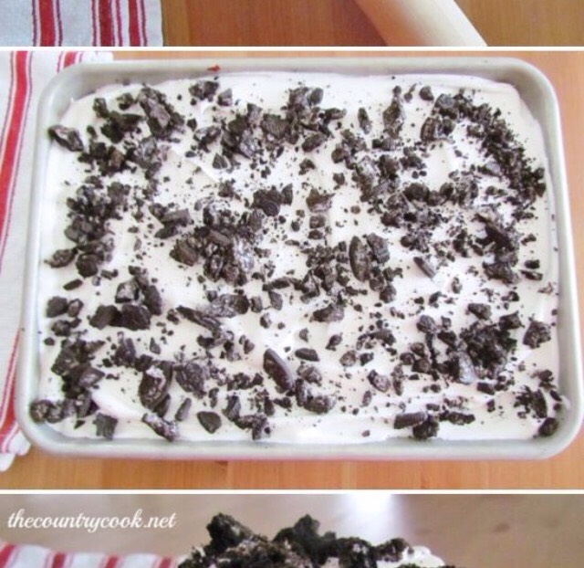 Spread the Oreos over the cake, making sure to distribute them evenly. 
