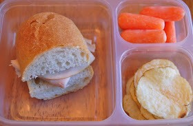 turkey on french baguette, kettle chips, carrots
