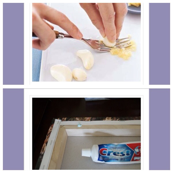 39. Use a fork to press garlic when you don't have a garlic presser 
40.  When hanging a picture frame put a dab of toothpaste on the frame where you need the nails to be. Then simply press against the wall to leave marks (which can later be wiped) as guides for hammering in.