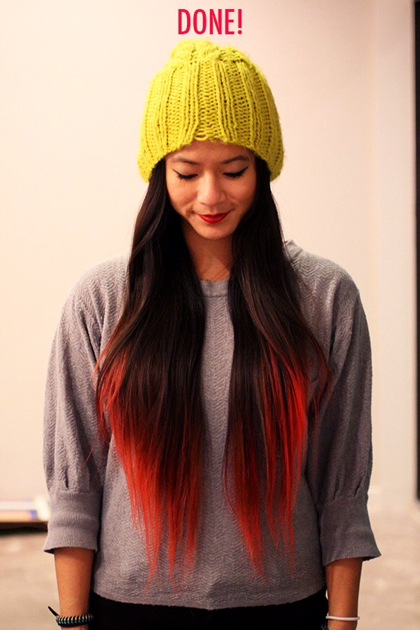 Kool aid hair dye: take at least 2 packets of kool aid dye and pour them into a cup or bowl of hot water. Sit with your hair in the water for 30 minutes. It's this reason people just do the tips. After 30 mins rinse your hair until the water runs clear. Don't shampoo.