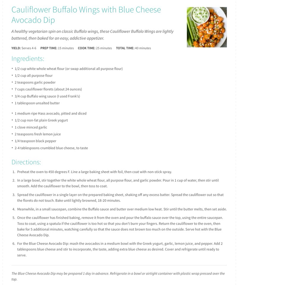Cauliflower Buffalo Wings with Blue Cheese Avocado Dip