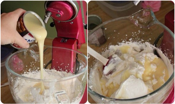Whip the heavy whipping cream till solid then fold the condensed milk into jt