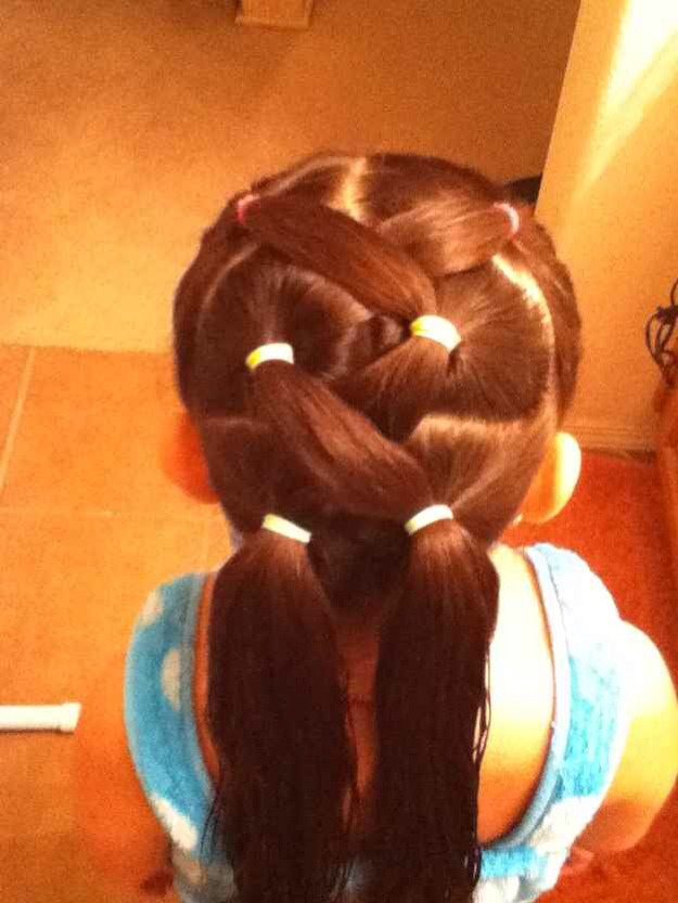 This one is pretty easy but very cute! Part the hair in front and make 2 pigtails part again in the middle of the hair and make another 2 but also include your first 2 pigtails after you've crossed them then make a 3rd set of pigtails and criss cross your final pieces and secure them with ties 😊