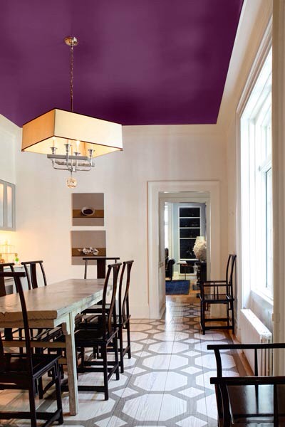 Give it a fresh coat of white paint, match the walls or play around with color. Tip: If your walls are dark, choose a ceiling color two shades lighter in the same hue.
