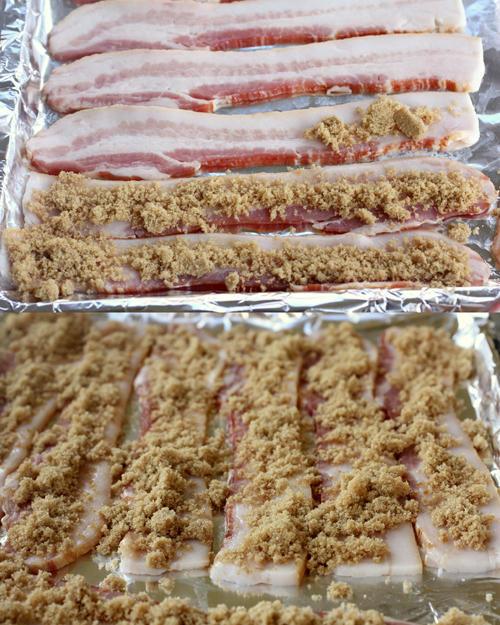 Start off with thick cut slices of bacon placed on a foil-lined pan, and sprinkle generously with brown sugar.

Bake in a 350 degree oven turning once for about 20 minutes until your bacon looks brown and crispy.