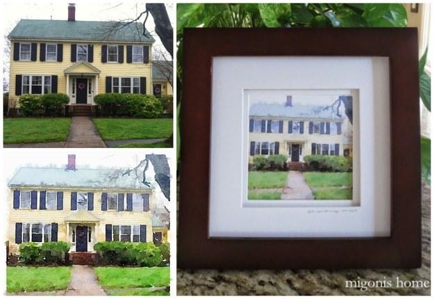 A framed “watercolor painting” of their childhood home