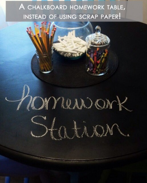Add a chalkboard to the top of a table to remove the use of scrap paper and add a fun theme to your kids homework time! 