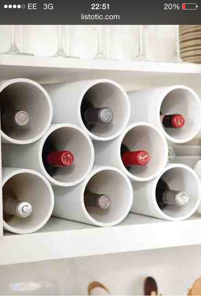 7. PVC wine rack, Create a custom wine rack using 4-inch PVC pipe found at a hardware store! This is great because you can make it to fit any space, and paint it to match your kitchen’s decor.
