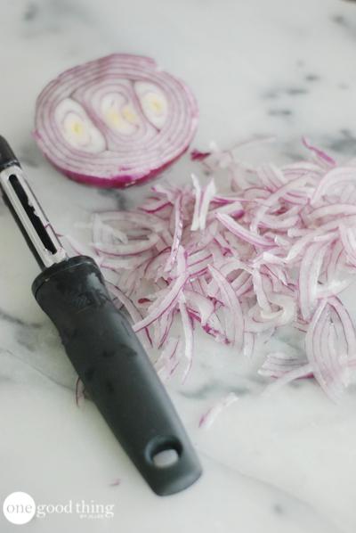 Use a potato peeler to thinly slice onions.