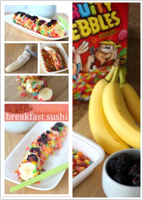 Kid Friendly Breakfast Sushi Recipe

Prep time:  5 mins
Total time:  5 mins

Serves: 1 roll
 
Make these delicious Kid-Friendly Breakfast Sushi pieces for a FUN take on a delicious breakfast idea that your kids will love
Ingredients
	•	Banana
	•	Greek Yogurt
	•	Fruity Pebbles Cereal
	•	Blackberries
